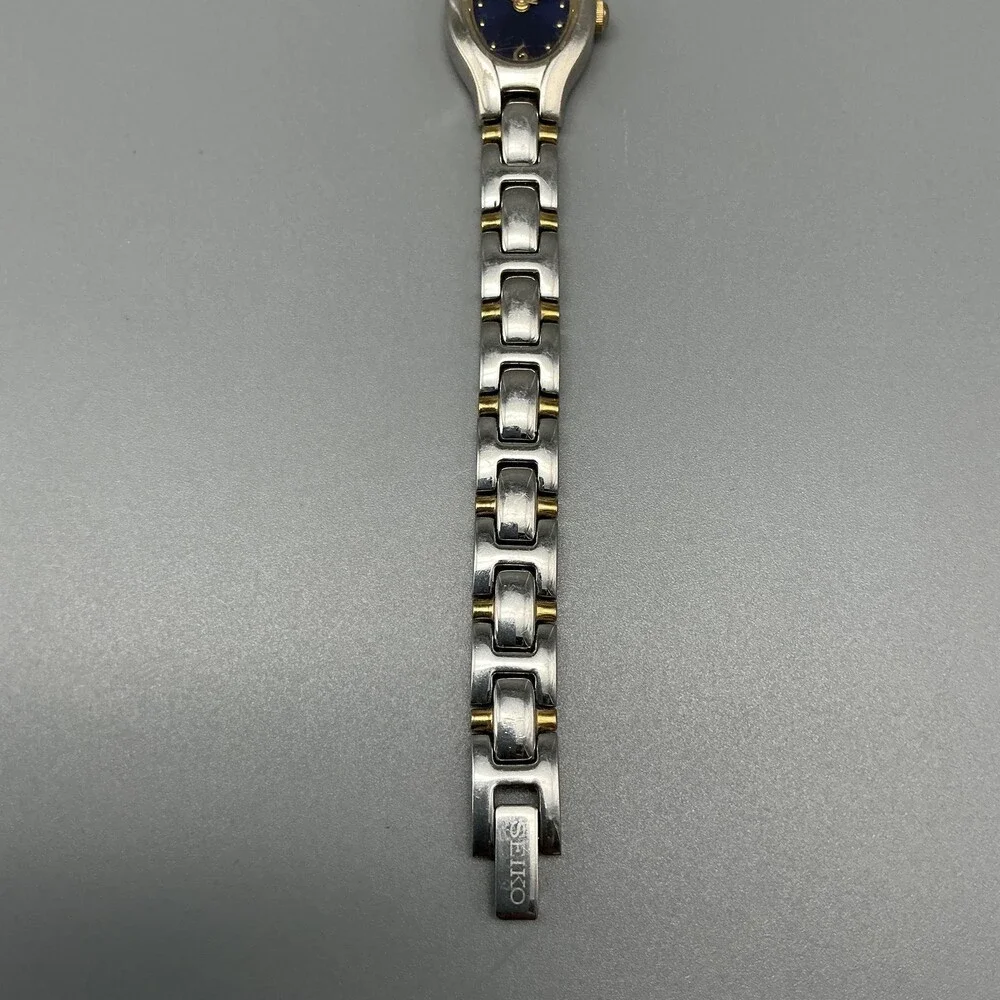 Seiko Womens Watch 17mm Blue Oval Dial Two Tone 1N01-0CT0 New Battery 7.5